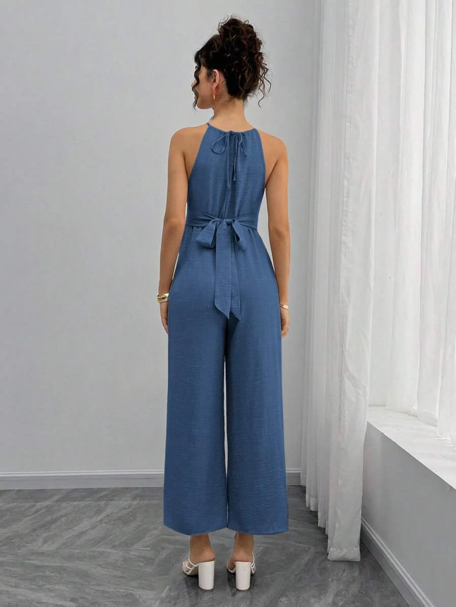Maternity Jumpsuit With Wooden Bead Halter Neck, Tie Front Waist Bow Detail, Full Length Pants