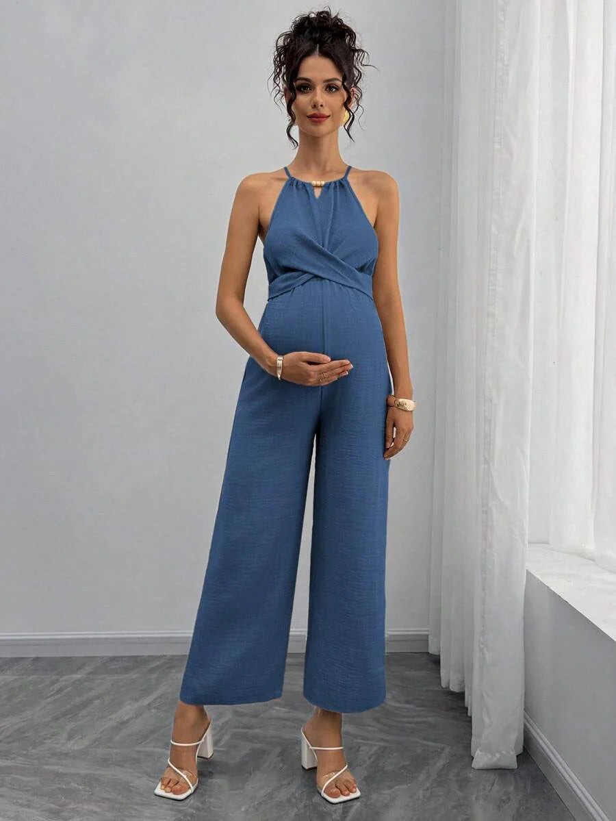 Maternity Jumpsuit With Wooden Bead Halter Neck, Tie Front Waist Bow Detail, Full Length Pants