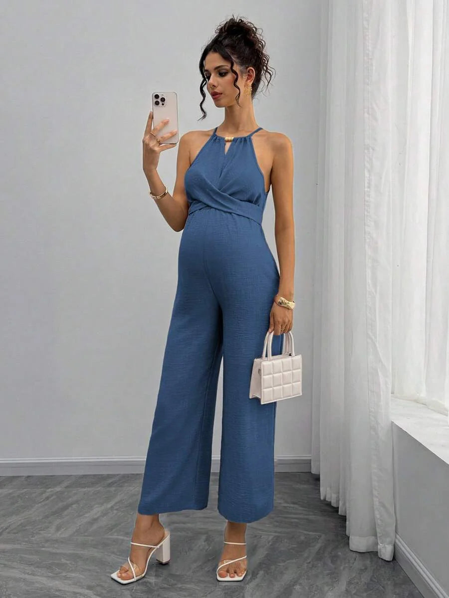 Maternity Jumpsuit With Wooden Bead Halter Neck, Tie Front Waist Bow Detail, Full Length Pants