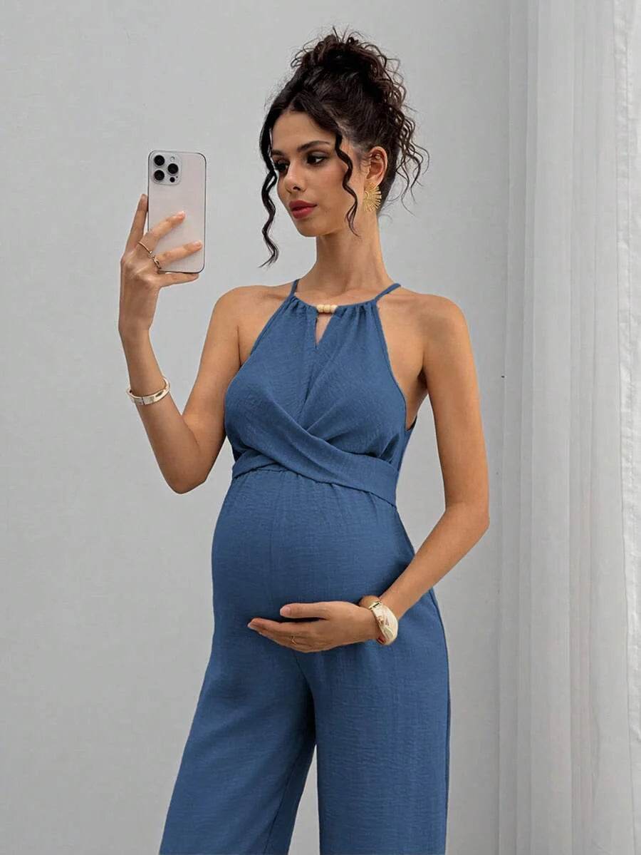 Maternity Jumpsuit With Wooden Bead Halter Neck, Tie Front Waist Bow Detail, Full Length Pants Maternity Women Pregnancy Clothes Maternity Clothes Baby Shower Guest Outfit Maternity Jumpsuits For Woman Jumpsuit For Pregnant Woman Pregnancy Outfits