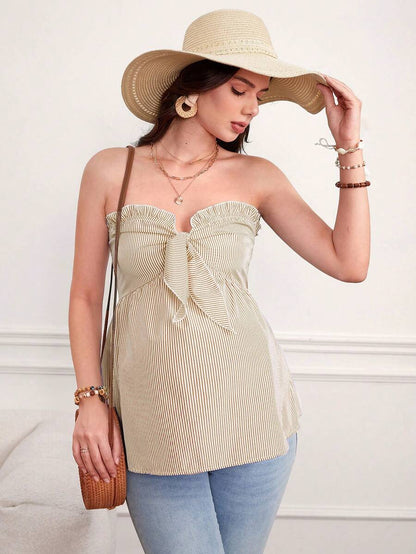 Striped Maternity Bandeau Peplum Top - Strapless Color Block Tie Front Top with Frill Trim
