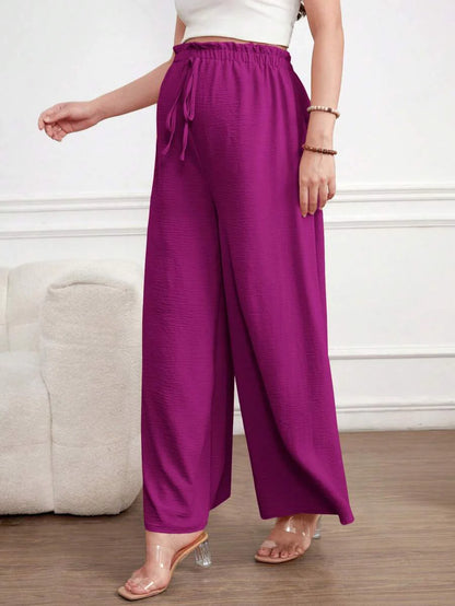 Maternity Wide Leg Pants Loose Fit Redwood Drawstring Elastic Waist Casual Long Trousers for Home and Summer Comfort