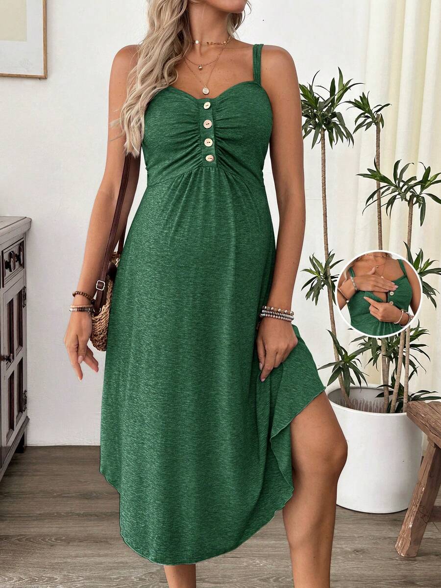 Maternity Summer Casual Burgundy Nursing Slip Dress with Ruched Bust and Button Decor - High Stretch Knit Maternity Long Dress