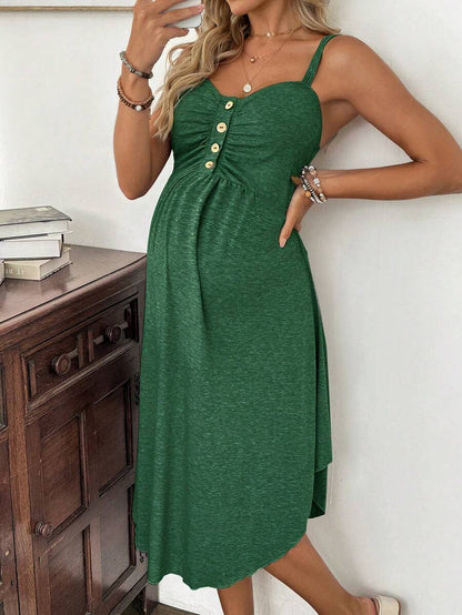 Maternity Summer Casual Burgundy Nursing Slip Dress with Ruched Bust and Button Decor - High Stretch Knit Maternity Long Dress