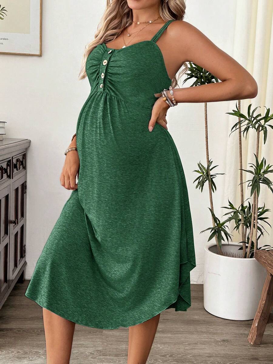 Grey Knitted Maternity Nursing Dress Asymmetrical Button Front Spaghetti Strap Sleeveless Long Casual Loungewear Maxi Dress