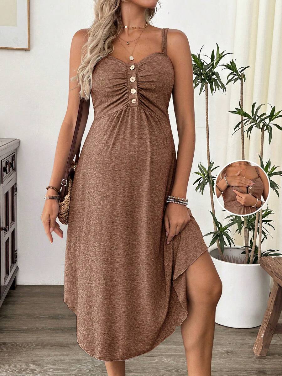 Maternity Summer Casual Burgundy Nursing Slip Dress with Ruched Bust and Button Decor - High Stretch Knit Maternity Long Dress