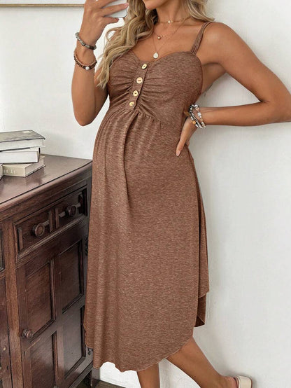 Maternity Summer Casual Burgundy Nursing Slip Dress with Ruched Bust and Button Decor - High Stretch Knit Maternity Long Dress