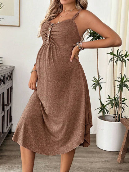 Grey Knitted Maternity Nursing Dress Asymmetrical Button Front Spaghetti Strap Sleeveless Long Casual Loungewear Maxi Dress