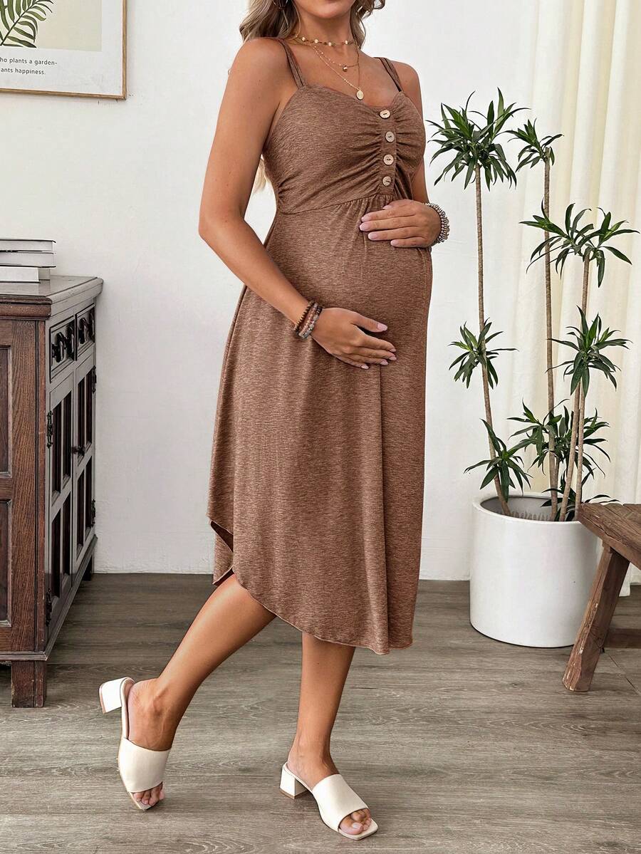 Grey Knitted Maternity Nursing Dress Asymmetrical Button Front Spaghetti Strap Sleeveless Long Casual Loungewear Maxi Dress