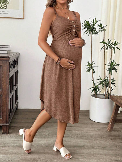 Maternity Summer Casual Burgundy Nursing Slip Dress with Ruched Bust and Button Decor - High Stretch Knit Maternity Long Dress