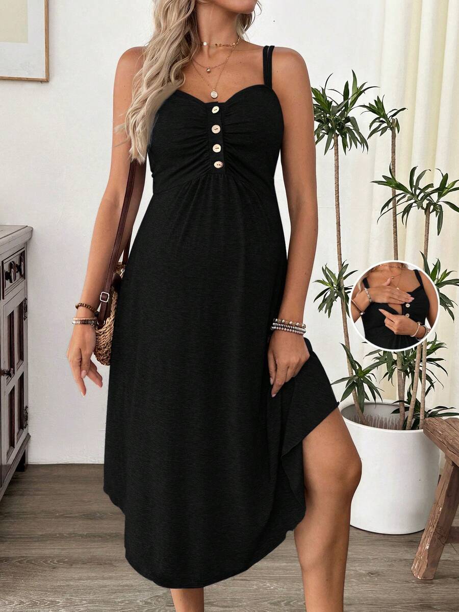 Grey Knitted Maternity Nursing Dress Asymmetrical Button Front Spaghetti Strap Sleeveless Long Casual Loungewear Maxi Dress