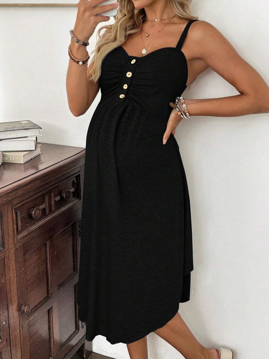 Maternity Summer Casual Burgundy Nursing Slip Dress with Ruched Bust and Button Decor - High Stretch Knit Maternity Long Dress