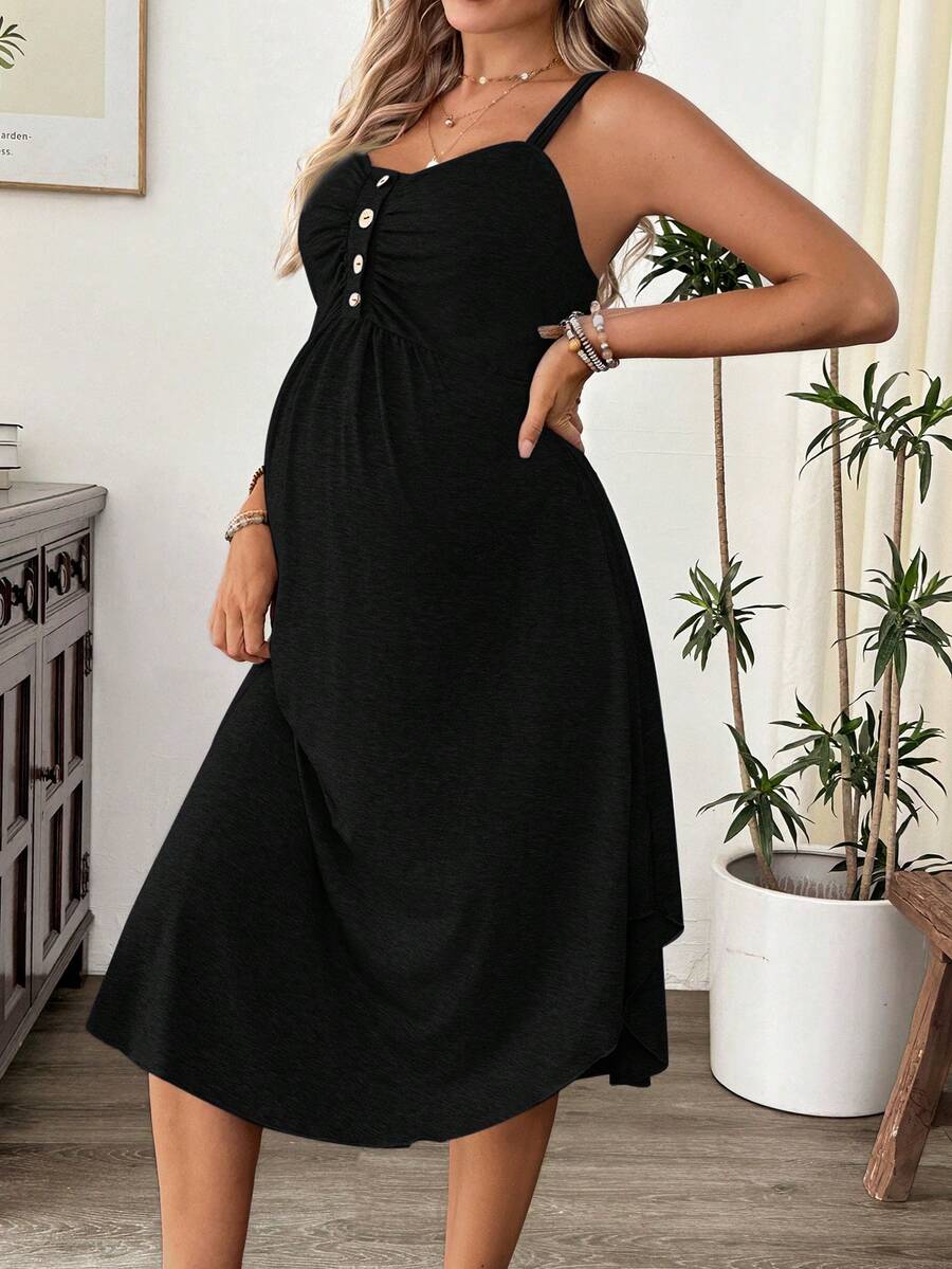 Maternity Summer Casual Burgundy Nursing Slip Dress with Ruched Bust and Button Decor - High Stretch Knit Maternity Long Dress