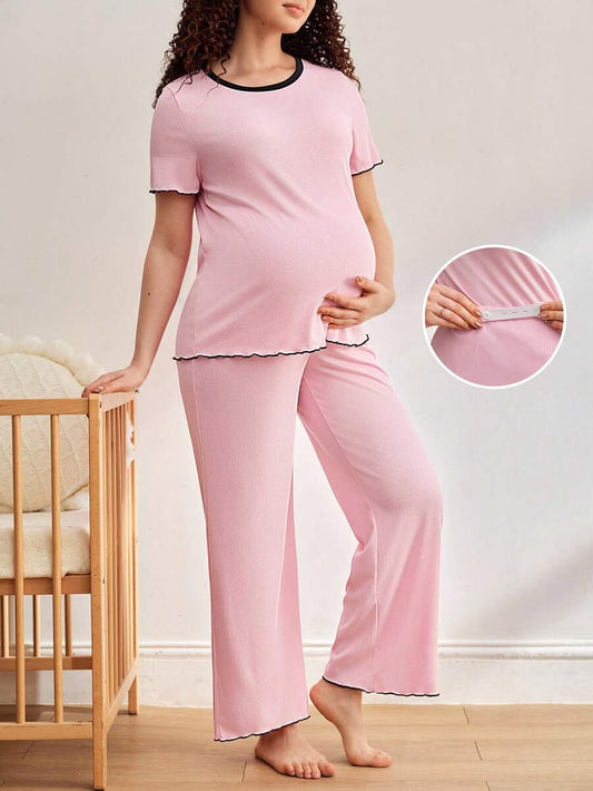 Maternity Pajama Set - Contrast Trim Short Sleeve Top and Pants Summer, Nursing Sleepwear