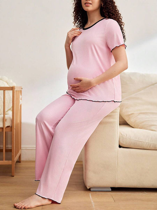 Maternity Pajama Set - Contrast Trim Short Sleeve Top and Pants Summer, Nursing Sleepwear