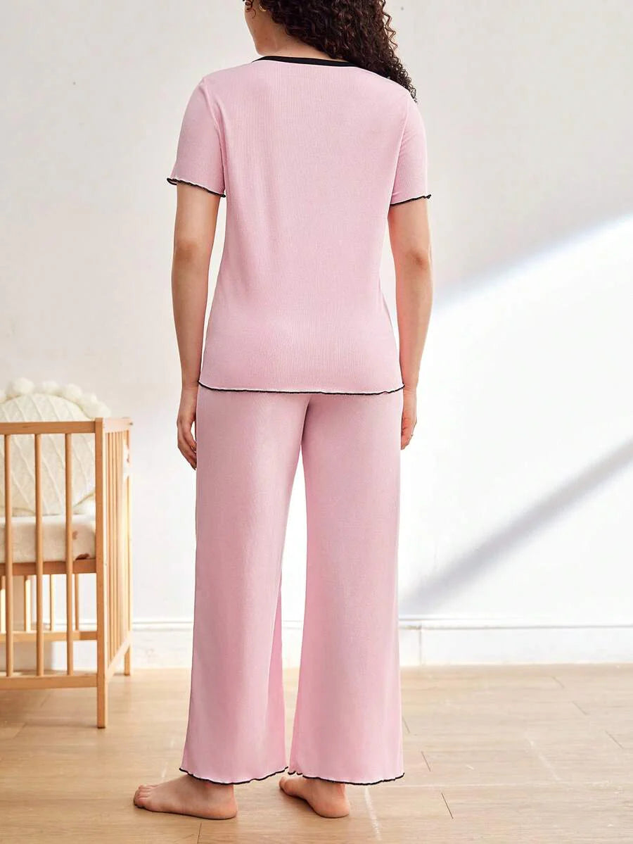 Maternity Pajama Set - Contrast Trim Short Sleeve Top and Pants Summer, Nursing Sleepwear