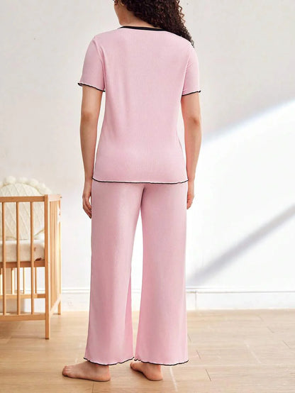 Maternity Pajama Set - Contrast Trim Short Sleeve Top and Pants Summer, Nursing Sleepwear