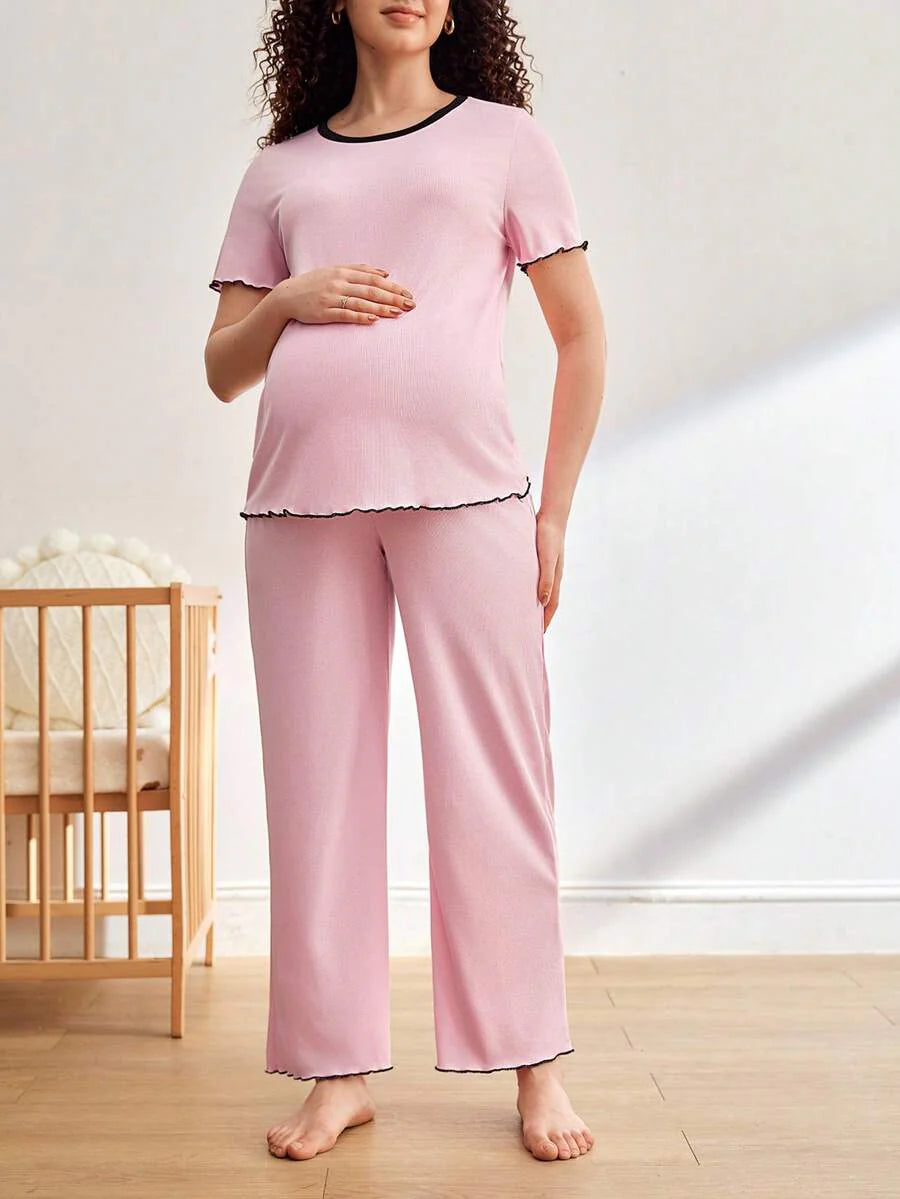 Maternity Pajama Set - Contrast Trim Short Sleeve Top and Pants Summer, Nursing Sleepwear