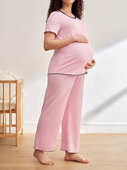 Maternity Pajama Set - Contrast Trim Short Sleeve Top and Pants Summer, Nursing Sleepwear