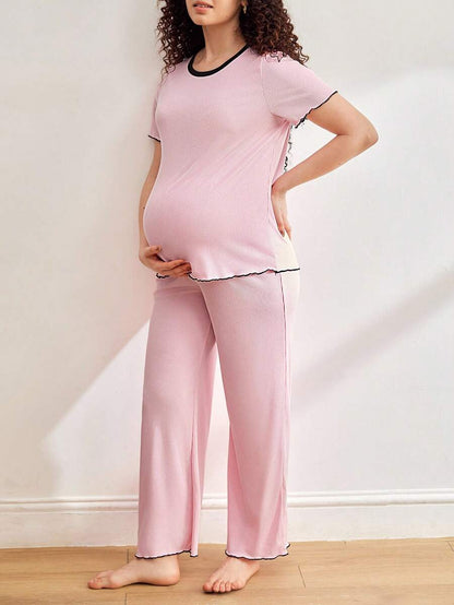 Maternity Pajama Set - Contrast Trim Short Sleeve Top and Pants Summer, Nursing Sleepwear