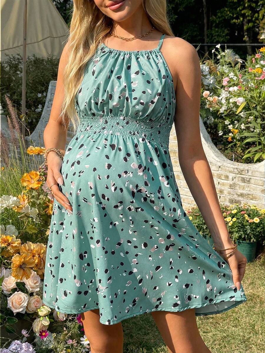 Maternity Sleeveless Spaghetti Strap Midi Dress Backless Geometric Print Halter Neck High Waist Summer Vacation Date Outfit