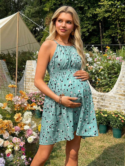 Women's Summer Waist Cinched Maternity Vacation Date Ditsy Floral Sleeveless Spaghetti Strap Dress