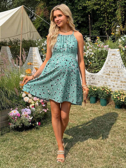 Maternity Dress - Ditsy Floral Sleeveless Spaghetti Strap Waist Cinched, Summer Vacation Date