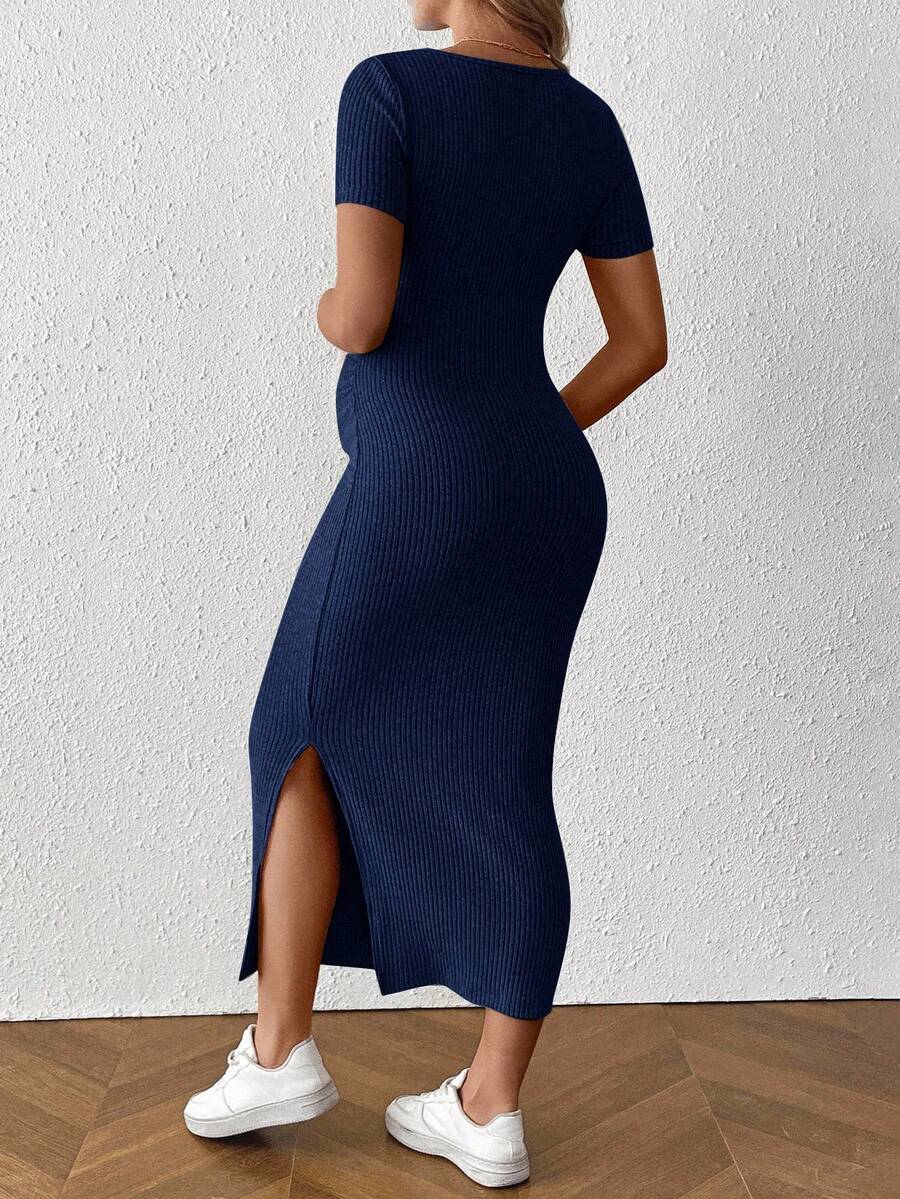 Maternity Square Neck Short Sleeve Midi Bodycon Dress with Side Slit - Sage Green Fitted Pregnancy Outfit - Soft Knit Maternity Wear