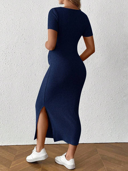 Maternity Square Neck Short Sleeve Midi Bodycon Dress with Side Slit - Sage Green Fitted Pregnancy Outfit - Soft Knit Maternity Wear