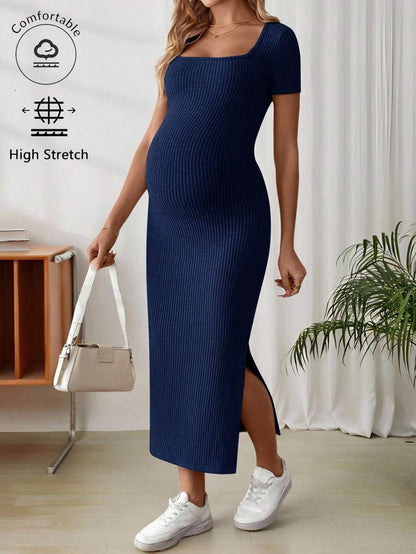 Maternity Square Neck Short Sleeve Midi Bodycon Dress with Side Slit - Sage Green Fitted Pregnancy Outfit - Soft Knit Maternity Wear
