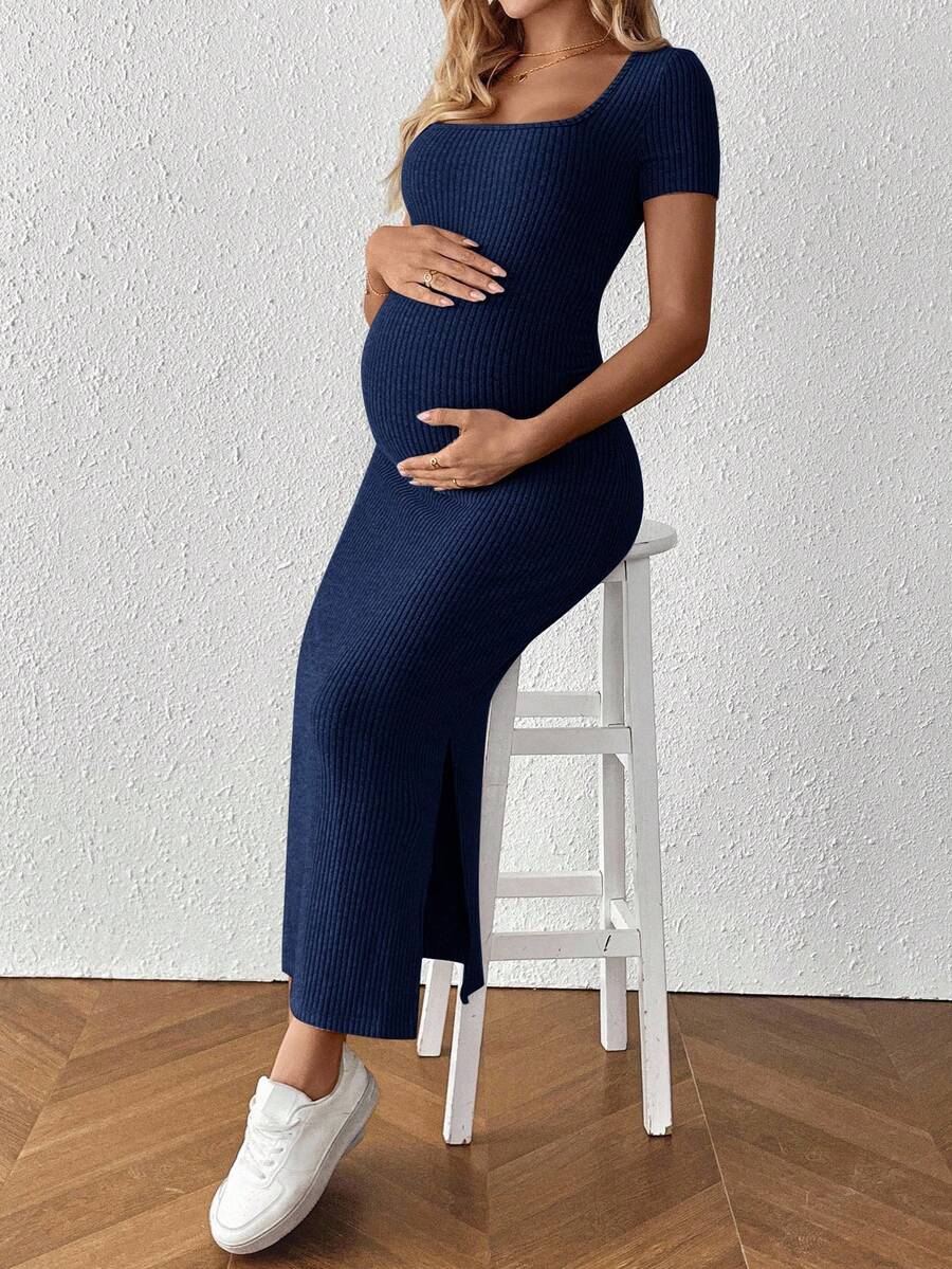 Maternity Square Neck Short Sleeve Midi Bodycon Dress with Side Slit - Sage Green Fitted Pregnancy Outfit - Soft Knit Maternity Wear
