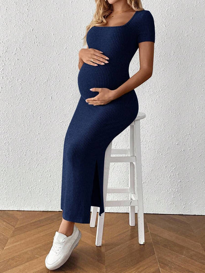 Maternity Square Neck Short Sleeve Midi Bodycon Dress with Side Slit - Sage Green Fitted Pregnancy Outfit - Soft Knit Maternity Wear