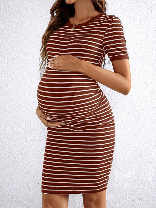 Maternity Striped Round Neck Short Sleeve Bodycon Dress Slim Fit Rib Knit Casual Mini Pencil Dress for Daily Wear