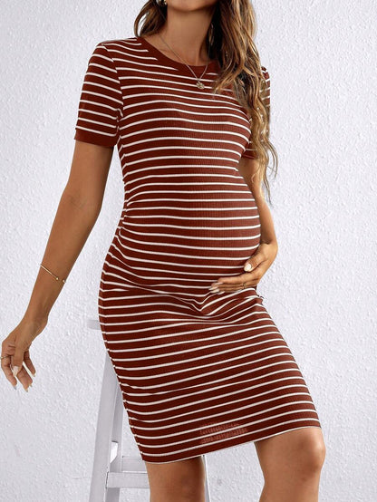 Maternity Striped Round Neck Short Sleeve Bodycon Dress Slim Fit Rib Knit Casual Mini Pencil Dress for Daily Wear
