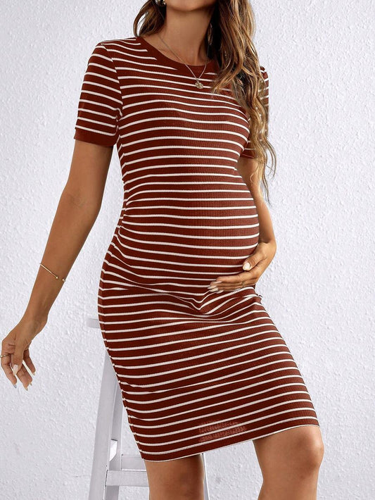 Maternity Striped Round Neck Short Sleeve Bodycon Dress Slim Fit Rib Knit Casual Mini Pencil Dress for Daily Wear