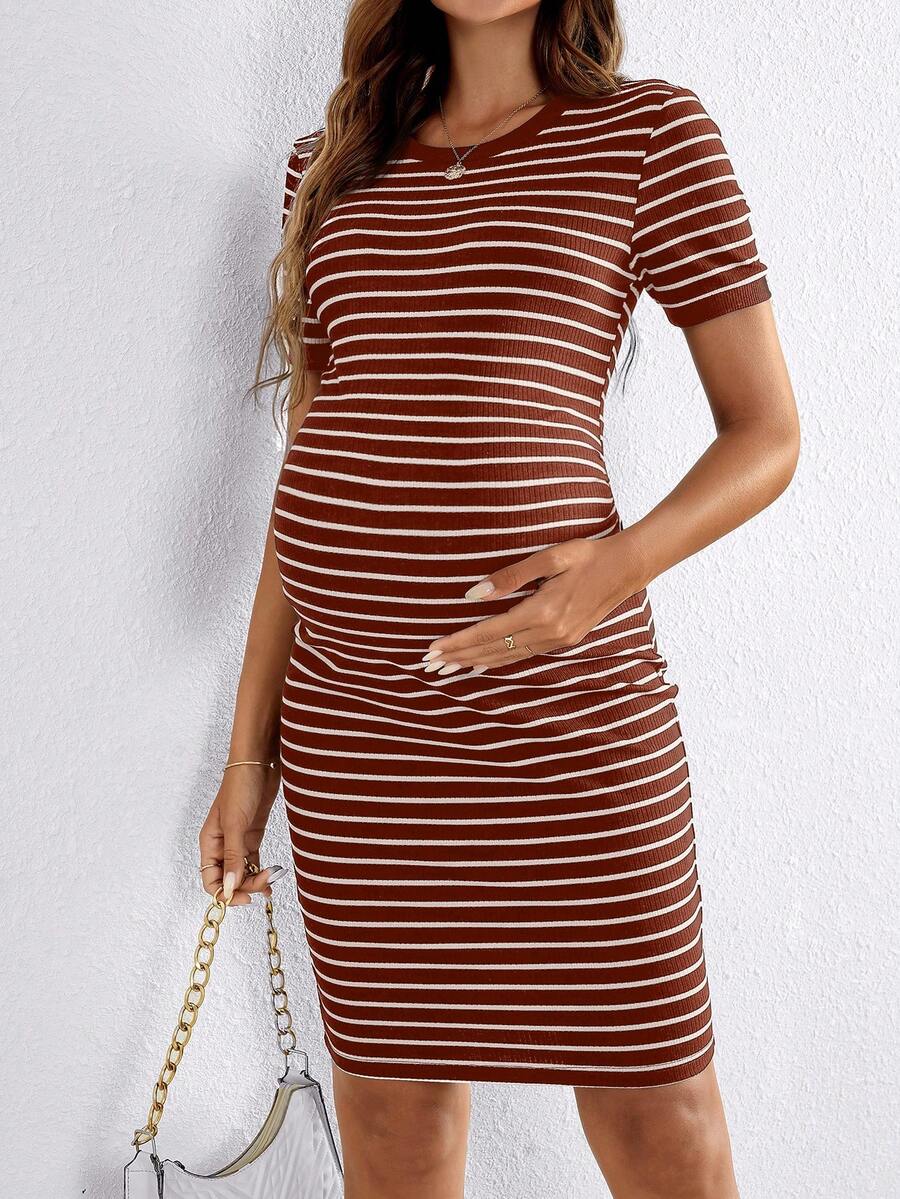 Maternity Striped Round Neck Short Sleeve Bodycon Dress Slim Fit Rib Knit Casual Mini Pencil Dress for Daily Wear