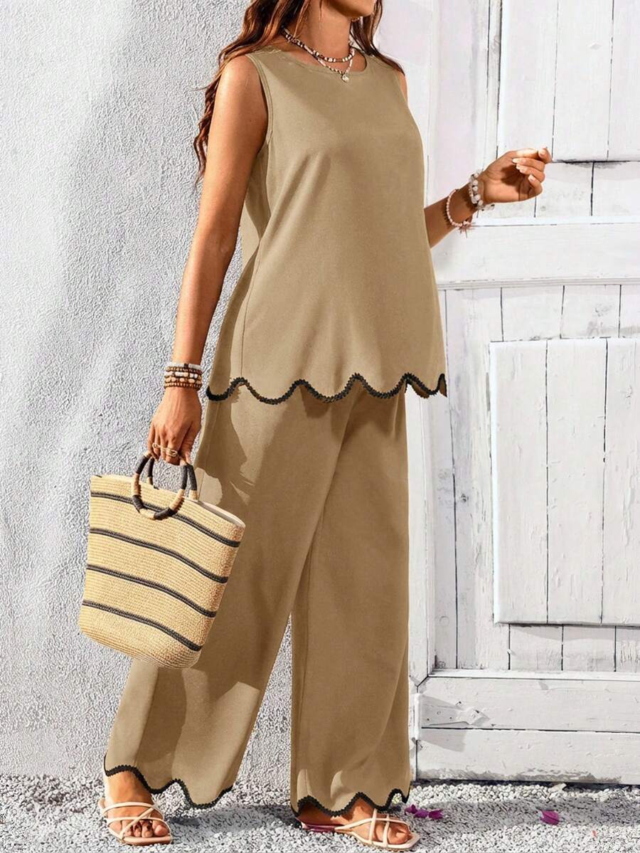 Blue and White Striped Maternity 2-Piece Set - Sleeveless Camisole and Long Pants - Casual Beach Vacation Outfit for Pregnant Women