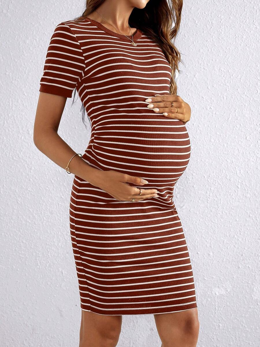 Maternity Striped Round Neck Short Sleeve Bodycon Dress Slim Fit Rib Knit Casual Mini Pencil Dress for Daily Wear