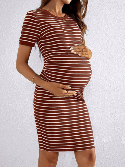 Maternity Striped Round Neck Short Sleeve Bodycon Dress Slim Fit Rib Knit Casual Mini Pencil Dress for Daily Wear