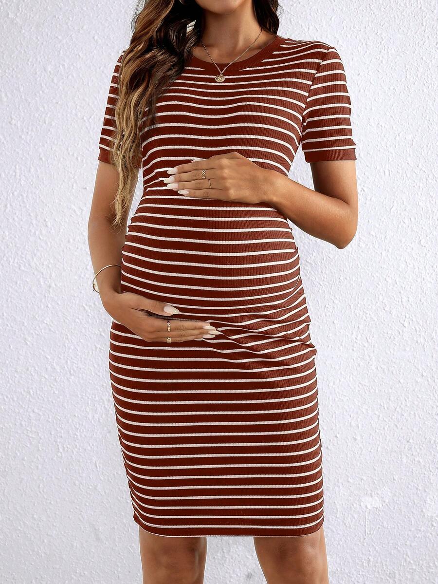 Maternity Striped Round Neck Short Sleeve Bodycon Dress Slim Fit Rib Knit Casual Mini Pencil Dress for Daily Wear