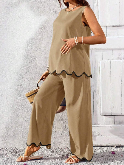 Maternity Round Neck Sleeveless Green 2 Piece Set Minimalist Camisole and Cropped Pants Casual Summer Outfit