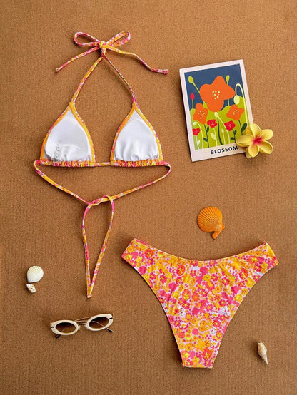 Swim Vcay 2026 Spring/Summer Women's Spaghetti Strap Halter Neck Black Base White Polka Dot Random Print Sweet Cute Side High Cut Bikini Swimwear 2-Piece Set Vacation Bikini Set Pink Bikini Set High Leg Bikini Set Modest Bikini Set Bikini Set
