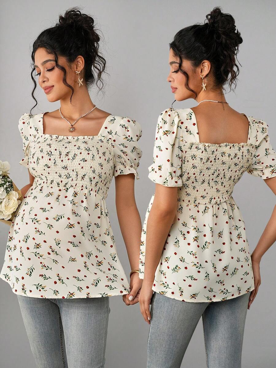 Maternity Ditsy Floral Peplum Blouse - Square Neck, Puff Sleeve, Slim Fit, Blue