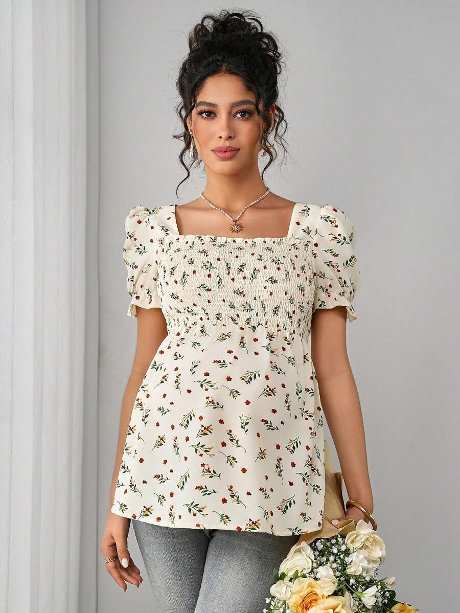 Maternity Ditsy Floral Peplum Blouse - Square Neck, Puff Sleeve, Slim Fit, Blue