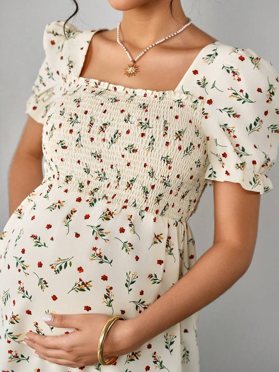 Maternity Ditsy Floral Peplum Blouse - Square Neck, Puff Sleeve, Slim Fit, Blue