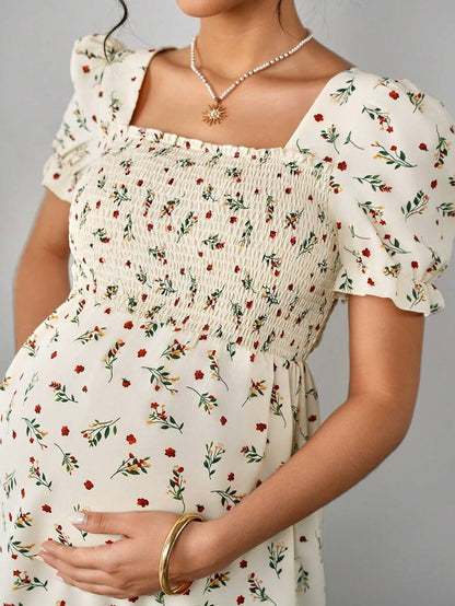 Maternity Ditsy Floral Peplum Blouse - Square Neck, Puff Sleeve, Slim Fit, Blue