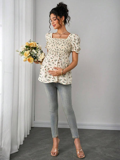 Maternity Ditsy Floral Peplum Blouse - Square Neck, Puff Sleeve, Slim Fit, Blue