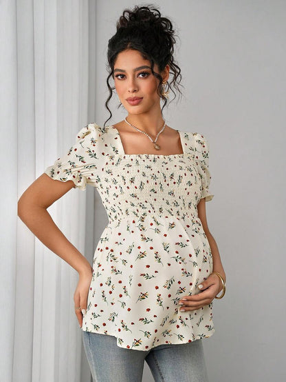 Maternity Ditsy Floral Peplum Blouse - Square Neck, Puff Sleeve, Slim Fit, Blue