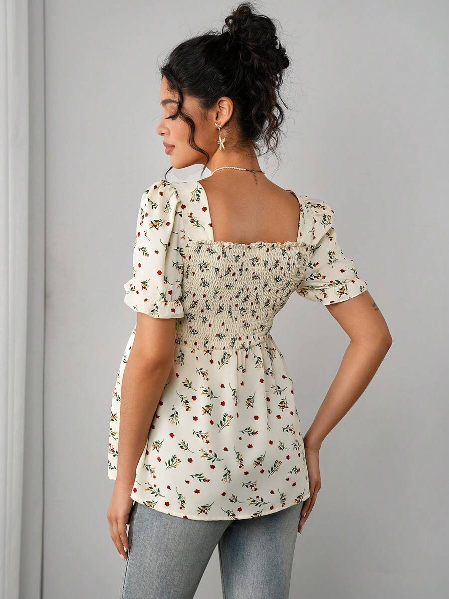 Maternity Ditsy Floral Peplum Blouse - Square Neck, Puff Sleeve, Slim Fit, Blue