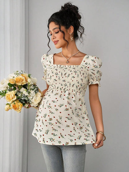 Maternity Ditsy Floral Peplum Blouse - Square Neck, Puff Sleeve, Slim Fit, Blue